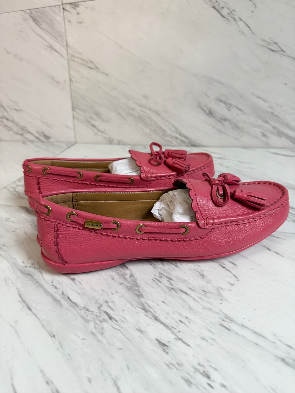 2/$100 NEW Coach Pink Pebbled Leather Tassel Moccasin Loafers Driving Flats 9.5M - Picture 4 of 5